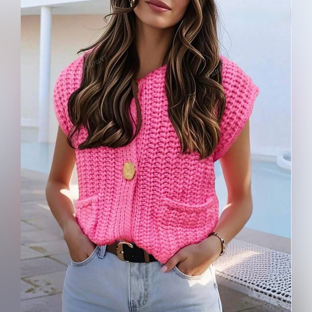Sleeveless Chunky Knit Button Vest - Hot Pink - Picture 2 of 7